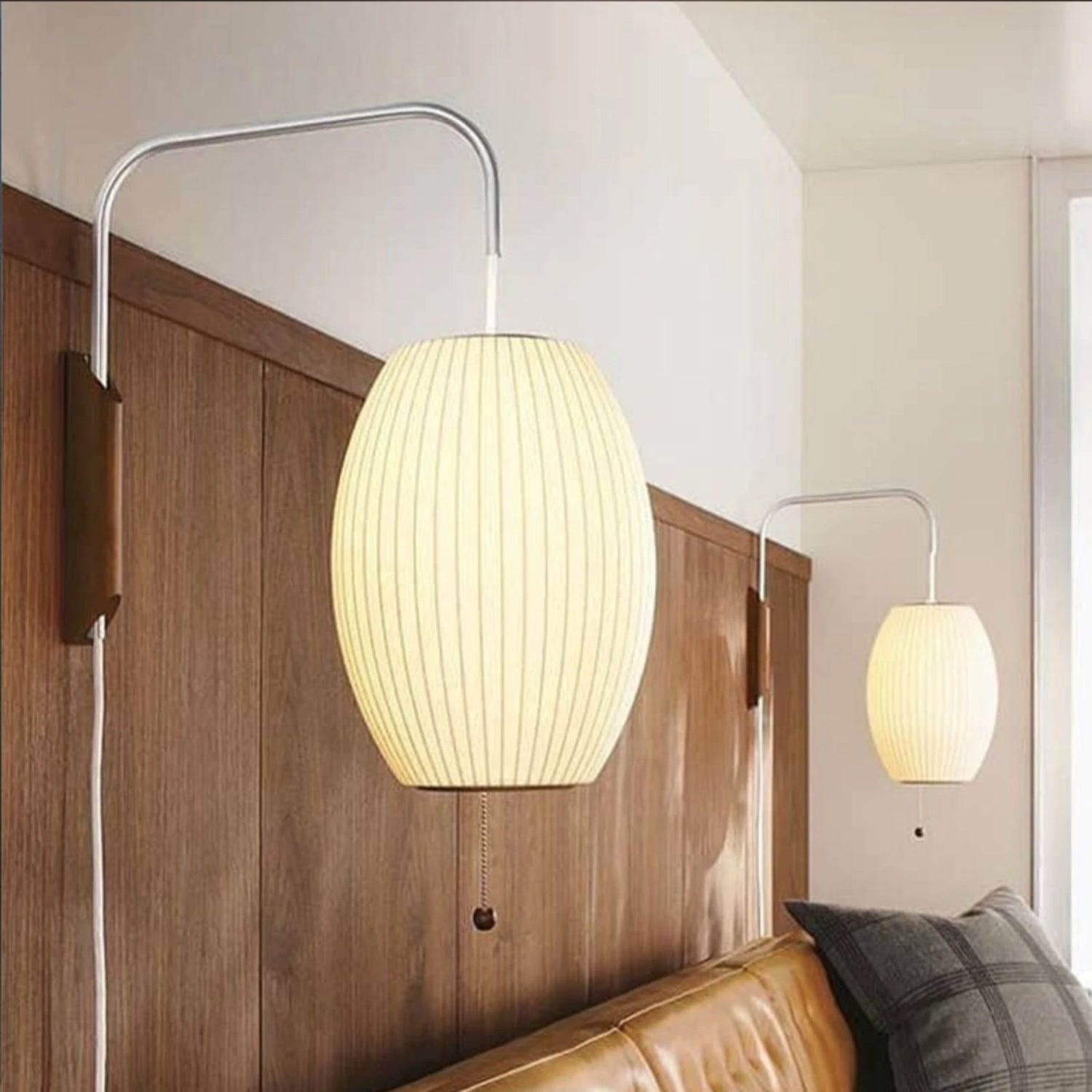 Classic White Pull String Wall Lamp with Plug-In Switch