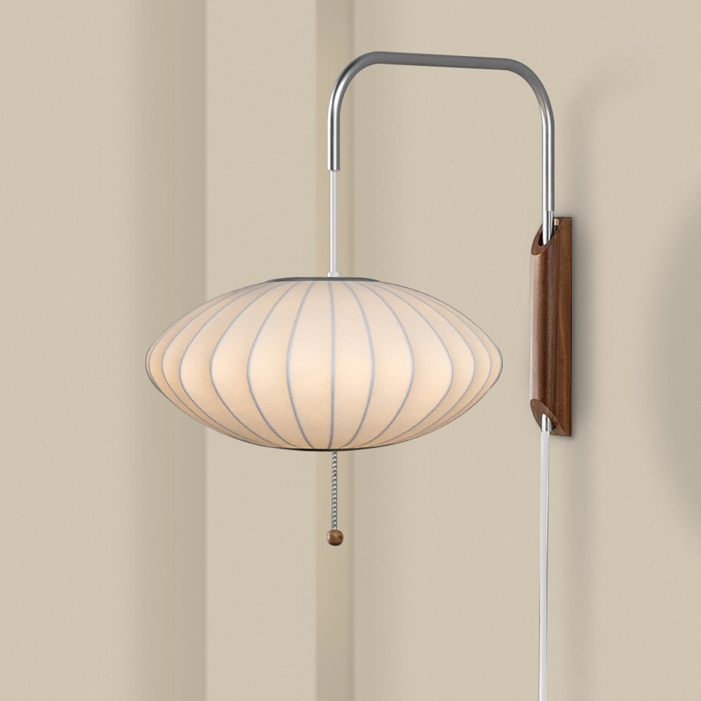 Classic White Pull String Wall Lamp with Plug-In Switch